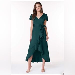 Azazie Lexis Flowy Ruched Stretch Satin Bridesmaid / Cocktail Dress-Pine Size A8